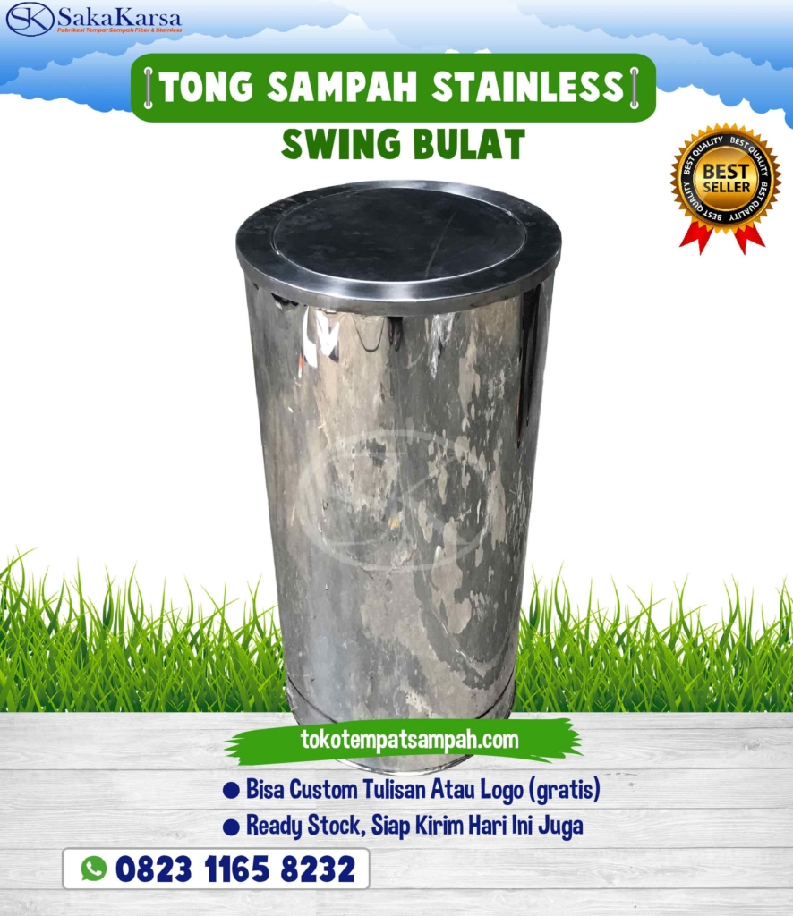 tong sampah stainless swing , tempat sampah stainless swing bulat, tong sampah stainless steel,