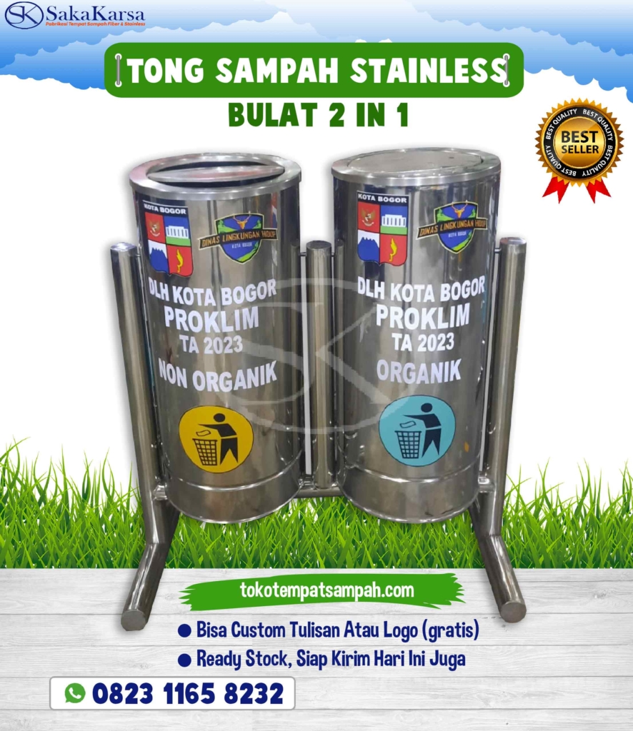 tempat sampah stainless, tong sampah stainless 2in1, tempat sampah stainless 2 pilah, tempat sampah stainless organik nonorganik